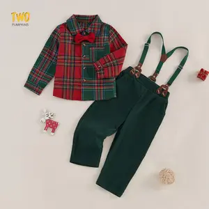 Christmas Boys Suit Bow Tie Long Sleeve Plaid Shirt Suspender Long Pants Formal Gentleman Kids Outfits