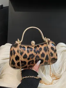Women's Y2K Pink Leopard Print Hardshell Clutch Bag, Glossy Top Handle Evening Purse, Detachable Gold Chain Crossbody Bag With Rhinestone Buckle, Fashion Handbag For Party Date Night Club Wedding, Fashionable Crossbody Bag, Perfect Gift For Women Girls