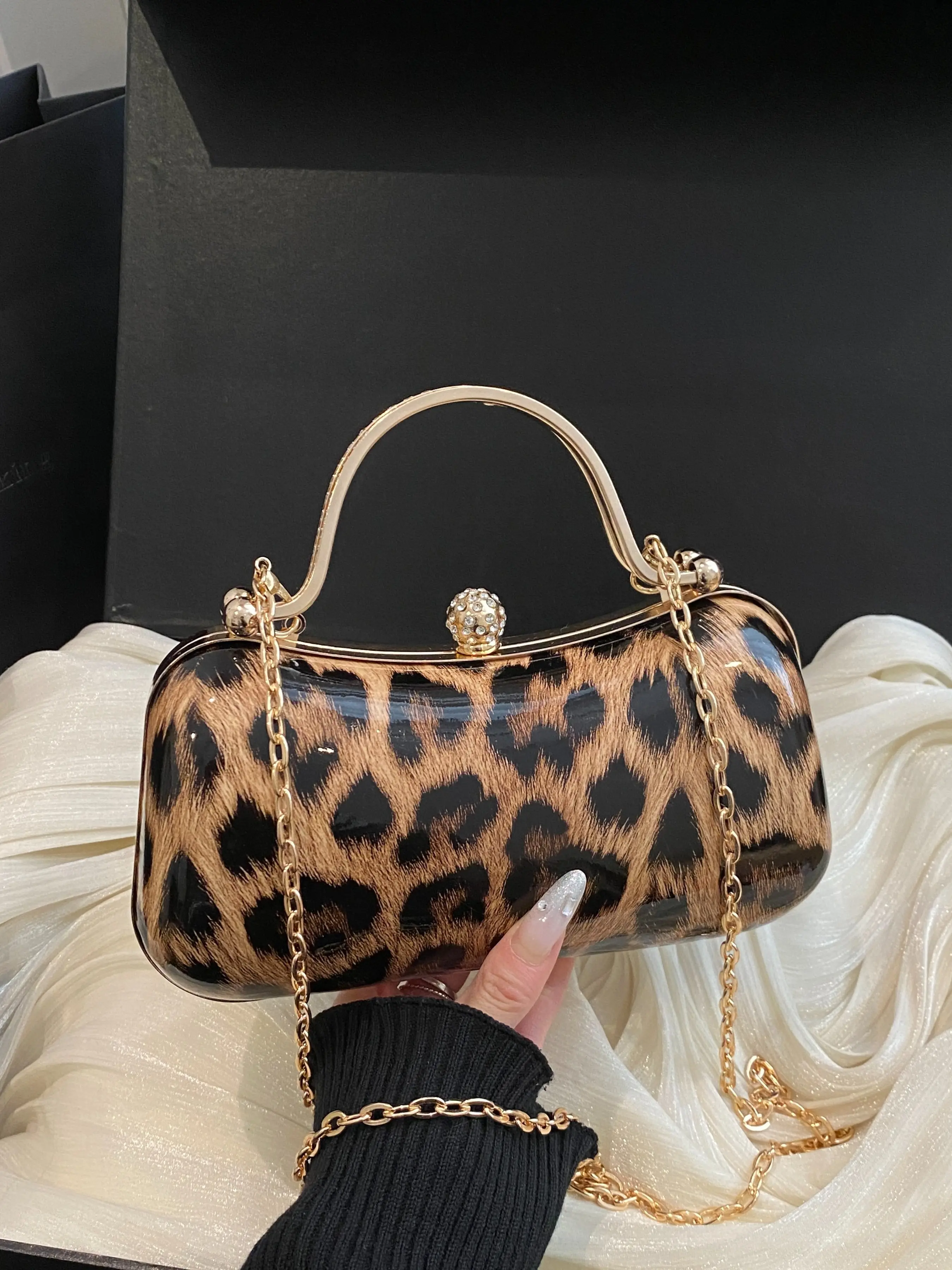 Women's Y2K Pink Leopard Print Hardshell Clutch Bag, Glossy Top Handle Evening Purse, Detachable Gold Chain Crossbody Bag With Rhinestone Buckle, Fashion Handbag For Party Date Night Club Wedding, Fashionable Crossbody Bag, Perfect Gift For Women Girls