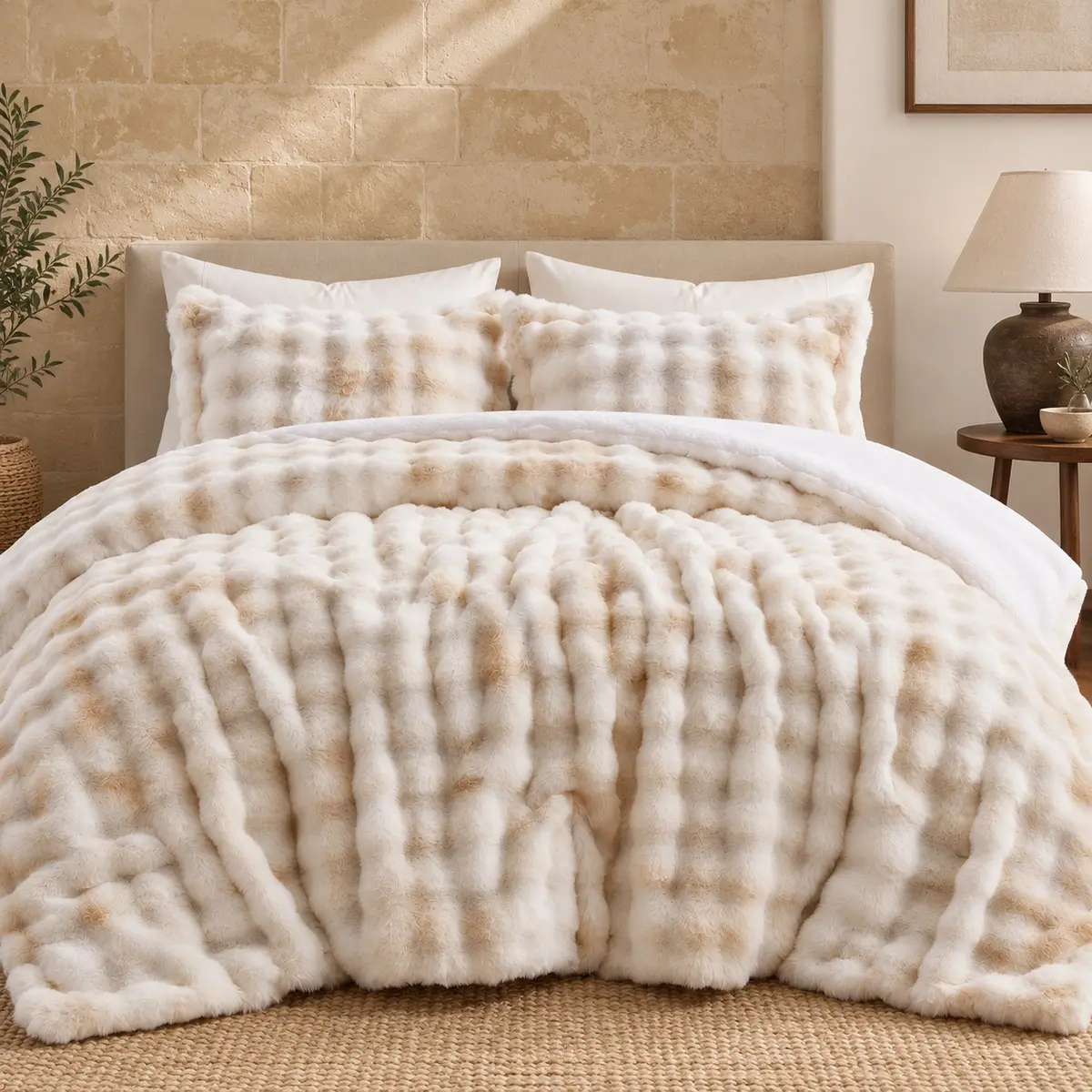 PEACE NEST Luxury 3-Piece Faux Rabbit Fur Comforter Set - Reversible Plush Sherpa Bedding Set, Queen/King, 1 Comforter & 2 Pillow Shams familyfun