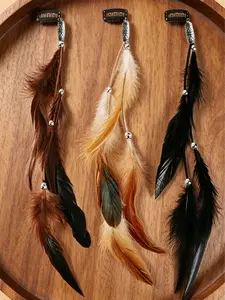 Boho Style Feather Design Hair Clips Set, Vintage Synthetic Feather Hair Accessories with Tassels, Tassel Detailing, Long Ethnic Headbands for Photoshoots, Beach Vacations, Beach Outings