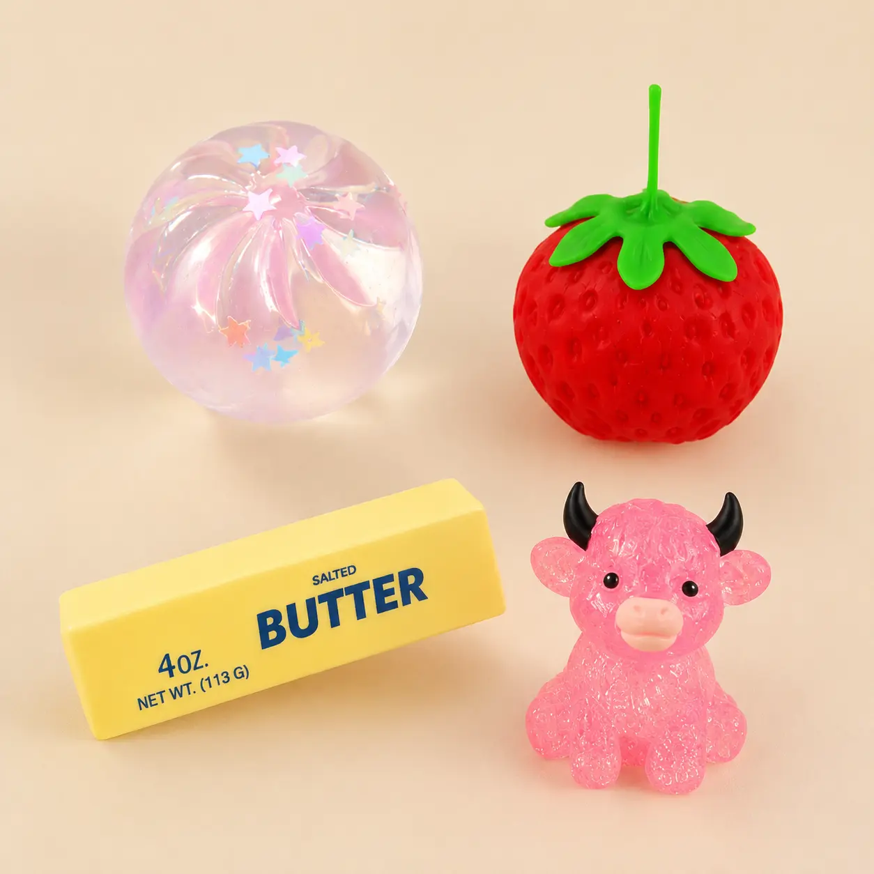4PCS Squishy Toy Set for Kids & Adults | Strawberry, Butter, Glitter Ball & Pink Cow | Slow Rising Stress Relief Sensory Toys Gift Pack