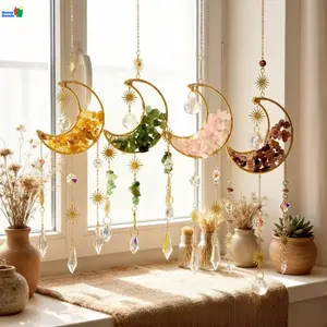 Half-Moon Natural Crushed Crystal Amethyst Moon Suncatcher - Boho Chic Prism Window Hanging for Home & Garden Decor, Perfect for Valentine's Day & Holidays, Window Sun Catcher Ornament, Home Design Decoration
