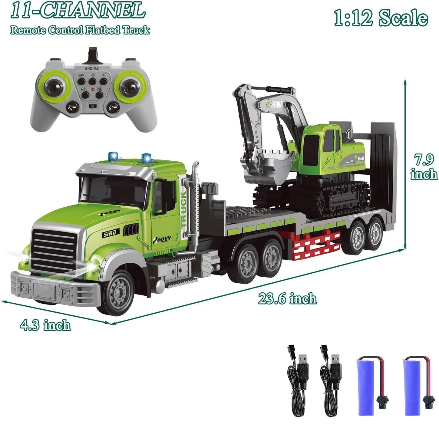 11 Channel RC Semi Truck & RC Excavator Toy Set,1:12 Remote Control Flatbed Truck with Trailer,Engineering Vehicle with Sound & Lights,Alloy Bucket Excavator Toys,Great Gift for Boys Kids