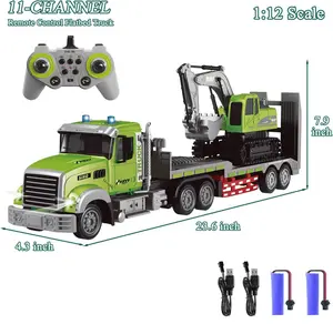 11 Channel RC Semi Truck & RC Excavator Toy Set,1:12 Remote Control Flatbed Truck with Trailer,Engineering Vehicle with Sound & Lights,Alloy Bucket Excavator Toys,Great Gift for Boys Kids