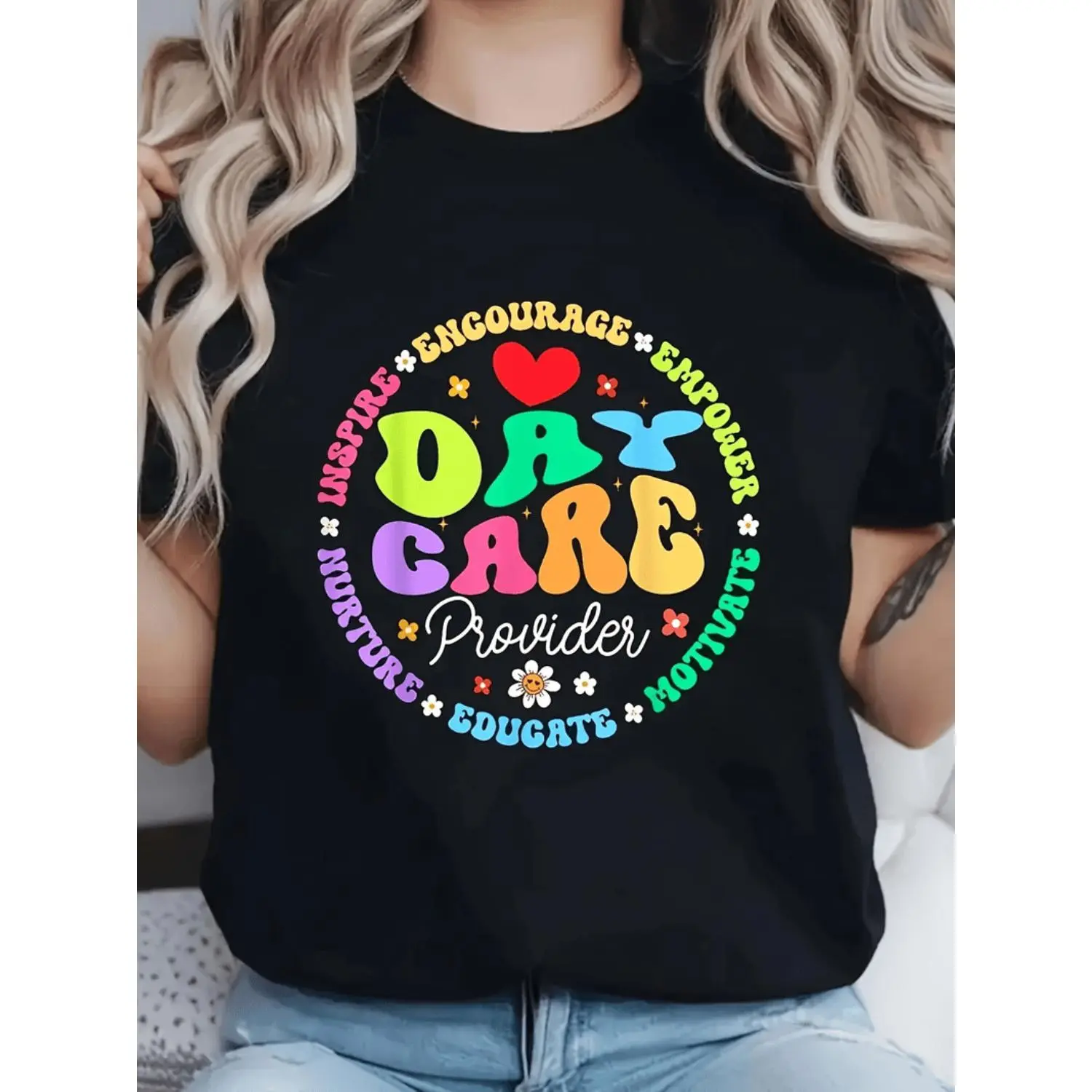 Men's Streetwear Graphic Tee with a Retro Vibe, Striped "Groovy Daycare Provider Life" Print, Casual Menswear in Polyester Spandex