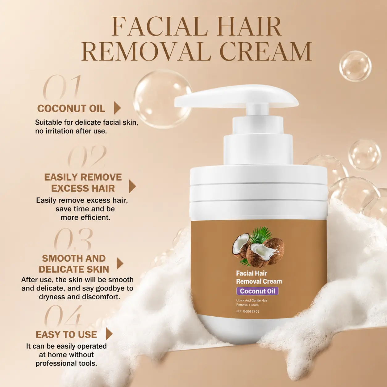 Coconut Oil Hair Removal Cream 100g, Gentle Painless Depilatory Cream for Women and Men, Removes Unwanted Hair from Face, Arms, Legs, Underarms and Bikini Area, Moisturizing Formula Leaves Skin Smooth and Soft