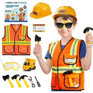 X-CPA06   Construction Worker Costume for Boys, Pretend Builder Career Outfit with Self-assembly Engineer truck, Role Play Dress Up for Halloween