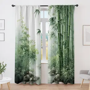 2pcs Bamboo Forest Curtain, Natural Scenery Home Decor, Quiet Elegant Space Atmosphere, Modern Style Drapes, Home Decoration Curtain, No Ca Prop 65