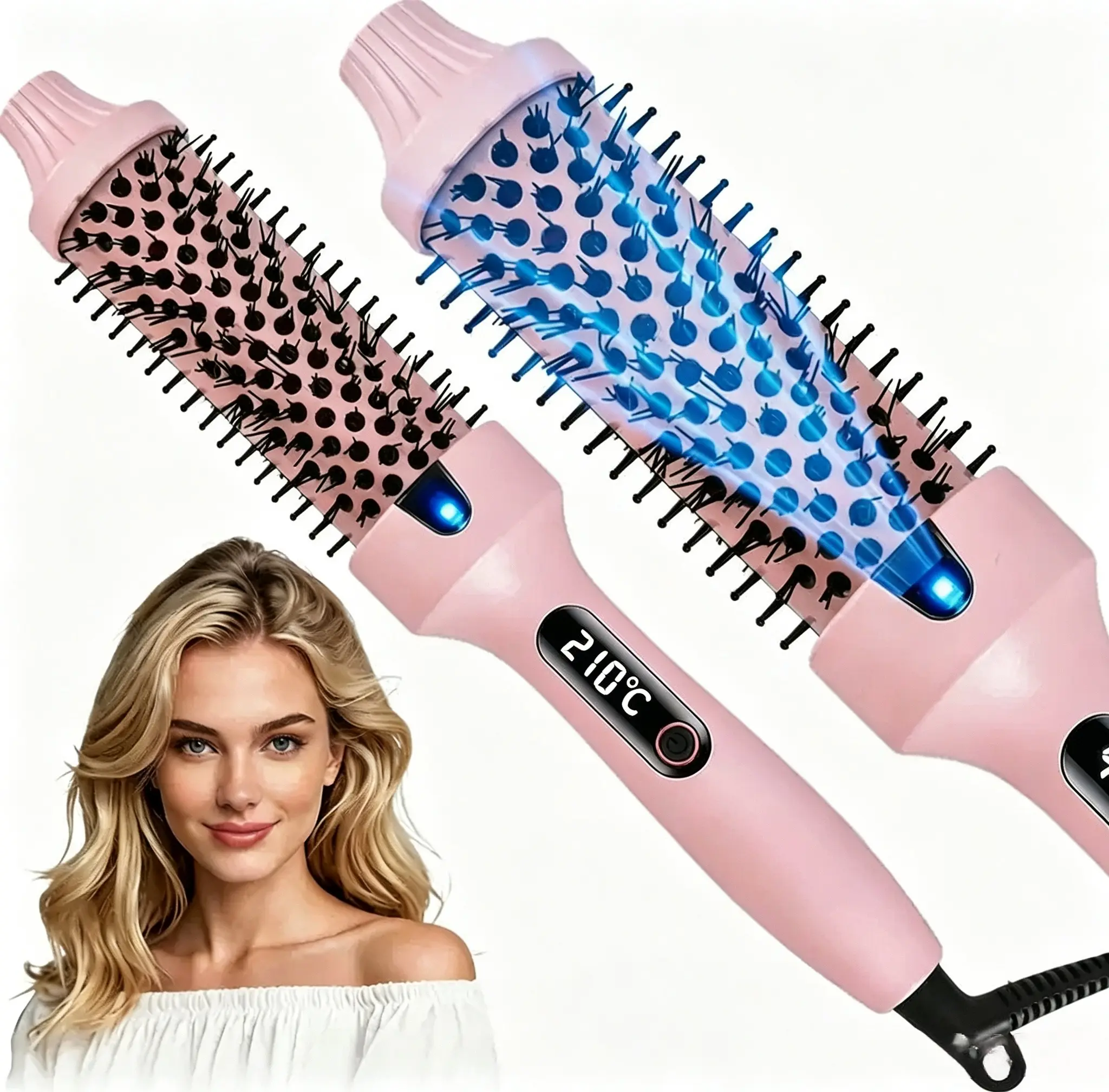 1.5 Inch Heated Round Styling Brush – Negative Ion Anti-Frizz, 6 Heat Settings (210°C / 410°F), Dual Voltage Travel-Friendly Hot Brush for Smooth Hair, Pink