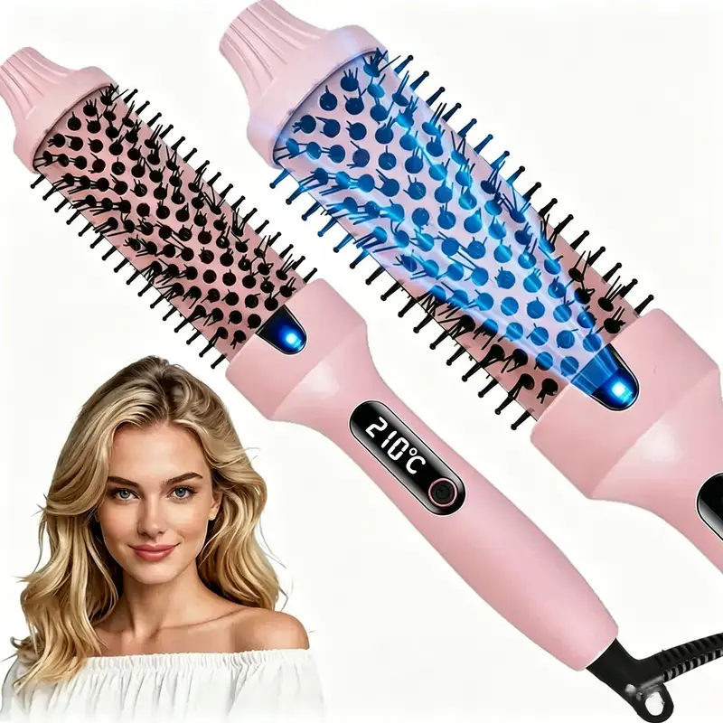 Titanium Round Thermal Brush – Negative Ion Anti-Frizz Heated Brush, 6 Heat Settings 210°C/410°F, Dual Voltage Travel-Friendly for Curl Styling, Pink