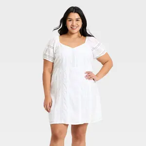 Women's Puff Short Sleeve Lace Mini Sundress - Universal Thread White XXL