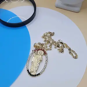 Jude Thaddeus Oval Style Pendant Necklace with 4mm 23.5-inch Marnier Chain Gold Bling Diamond Inlaid Zircon Exquisite Trendy Design Not Water Resistant