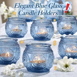 6/12 Piece Blue Wish Candle Holder, Hand Blown Sunflower Glass Cup, 2 Inch Thick Square Tea Candle, Style Desk Decor, Home Decor, Perfect for Holidays