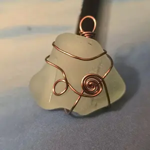 Wirewrapped Seaglass Pendant with Copper Spiral Design - Abstract Jewelry Piece