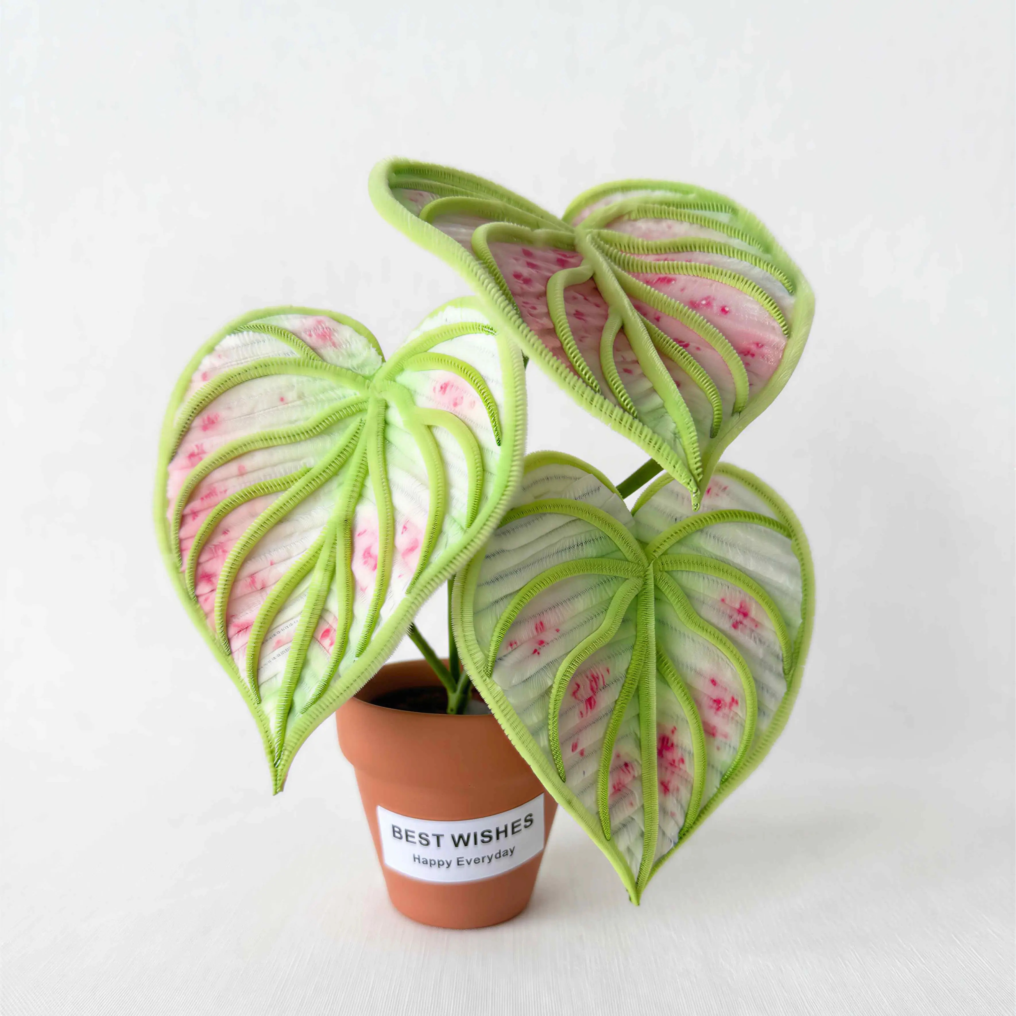 Glint Garden Handmade Pipe Cleaner Variegated Heart Leaf Plant, 8" Eternal Faux Pink Philodendron for Desk Decor, Unique Gift