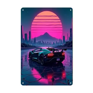 Aluminum Metal Sign Neon Cityscape with Reflecting Lamborghini Huracán on Wet Ground Wall Art for Home Office Cafe Bar Garage Holiday Decor