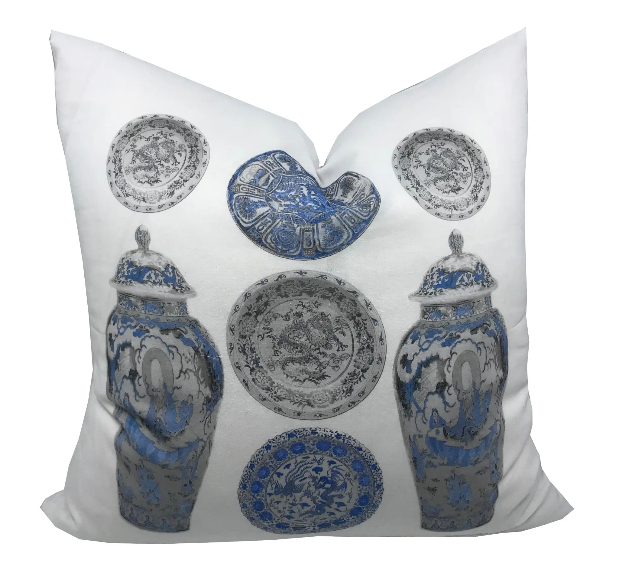 Chinois Ceramic Ming Blue Linen Cotton 22x22 Square Pillow