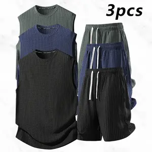 Men's 3-Piece Set Sleeveless Vest & Shorts Waffle Texture Breathable Ice Silk High Elastic Drawstring Waistband Summer Casual Wear mens  shapewear  usa
