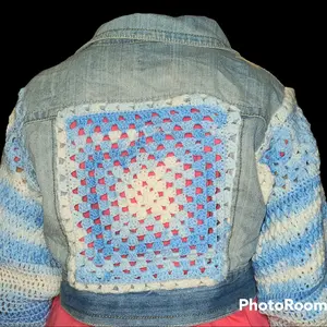 Upcycled denim jacket with handmade crochet insert and sleeves Casual