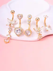 Women's Elegant Rhinestone Decorated Heart & Butterfly Design Navel Ring (5pcs/set), Rhinestone Belly Ring, Fashion Jewelry for Party, Daily Clothing Decor, Trendy All-match & Exquisite Jewelry for Birthday Gift