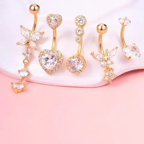 Women's Elegant Rhinestone Decorated Heart & Butterfly Design Navel Ring (5pcs/set), Belly Rings, Fashion Jewelry for Party, Daily Clothing Decor, Trendy All-match & Exquisite Jewelry for Birthday Gift