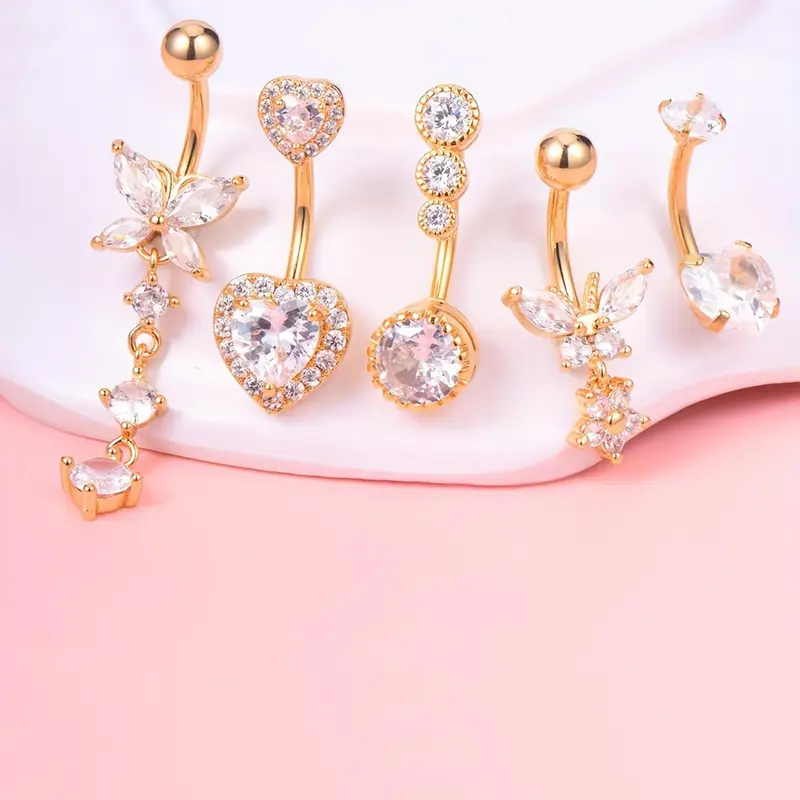 Women's Elegant Rhinestone Decorated Heart & Butterfly Design Navel Ring (5pcs/set), Belly Rings, Fashion Jewelry for Party, Daily Clothing Decor, Trendy All-match & Exquisite Jewelry for Birthday Gift