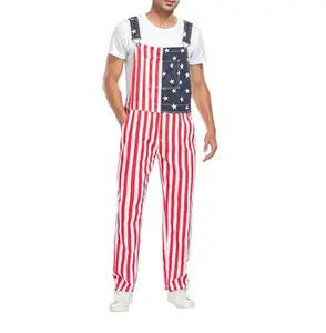 Yuanbang 4th of July American Flag Overalls for Men Adjustable Denim Jumpsuit with Zip Striped Coveralls with Pockets