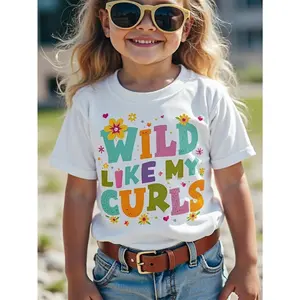 Kids' Casual Short-Sleeve Graphic T-Shirt - 'Wild Like My Curls' Design with Vibrant Curl Lettering, Floral Hair Clip Prints, Soft Stretch Fabric, Shirts for Girls, Suitable for Sports & Outdoor Activities