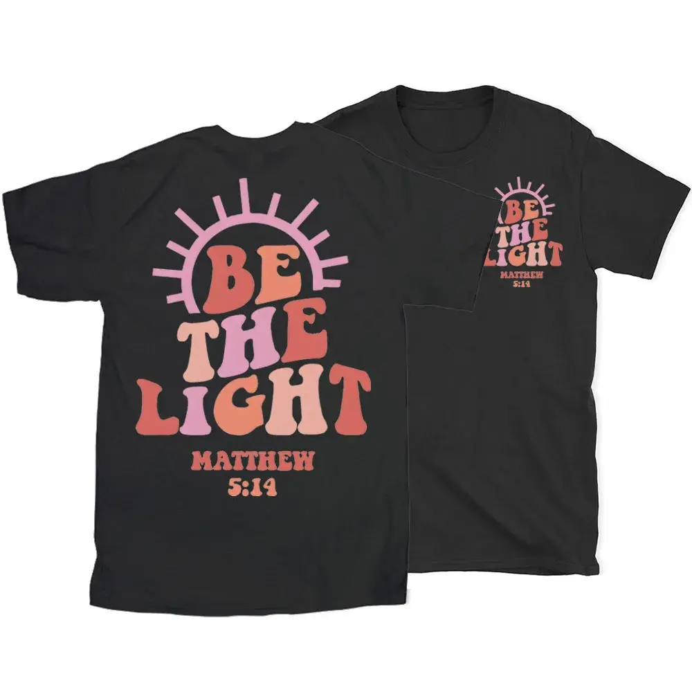 Unisex T-Shirt "Be The Light" Matthew 5:14 Retro Wavy Font Print Tee Christian Faith Cotton Short Sleeve Shirt for Men and Women Casual Religious Top Holiday Gift Mother's Day Gift