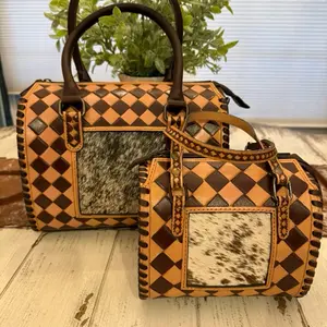Checkered Handbag with Cowhide Panel
