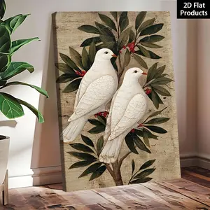 2D Flat, American Folk Art Style Painting White Doves Holding Olive Branc 2, Perfect for Wall Decor Art, Room Decoration, for Living Room Decor, Winter Spring Home Decor, Bathroom Decor, Valentine's Day Decorations and Gifts, Local Warehouse, Framed	