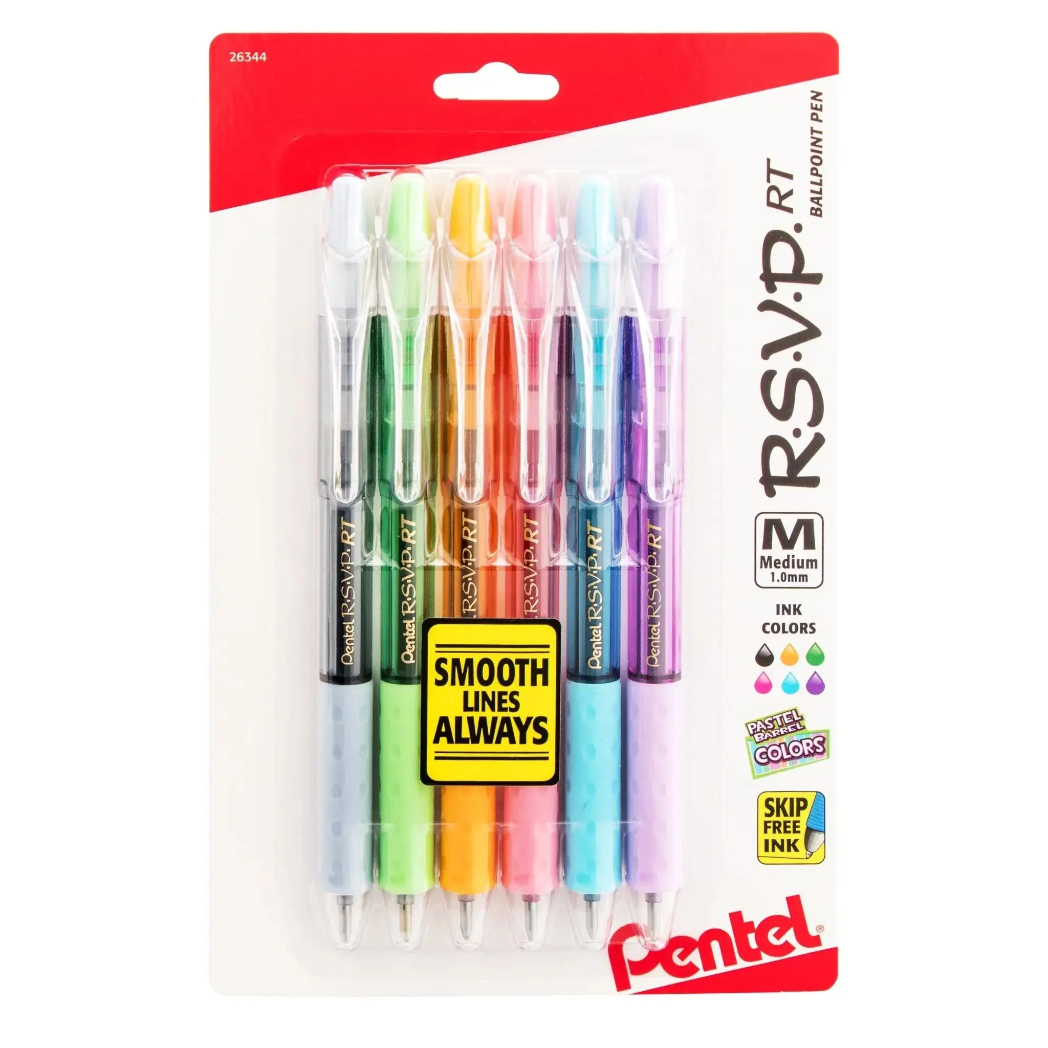 Pentel RSVP RT Pastel Barrel Ballpoint Ink Pens Set - 6-Pack Assorted Colors, Smooth Writing, Aesthetic Office Stationery Accessories, Note Taking Tools
