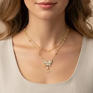 MEIITRUE Butterfly Initial Letter Pendant Necklace for Women, 14K Gold Plated Layered Alphabet Necklace, 5A CZ Jewelry