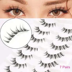 7 Pairs Cross Barbie Style Transparent Stem Long False Eyelashes 7-14mm, Naturally Slender Realistic D Curl Lashes, Lightweight 0.07mm Thickness