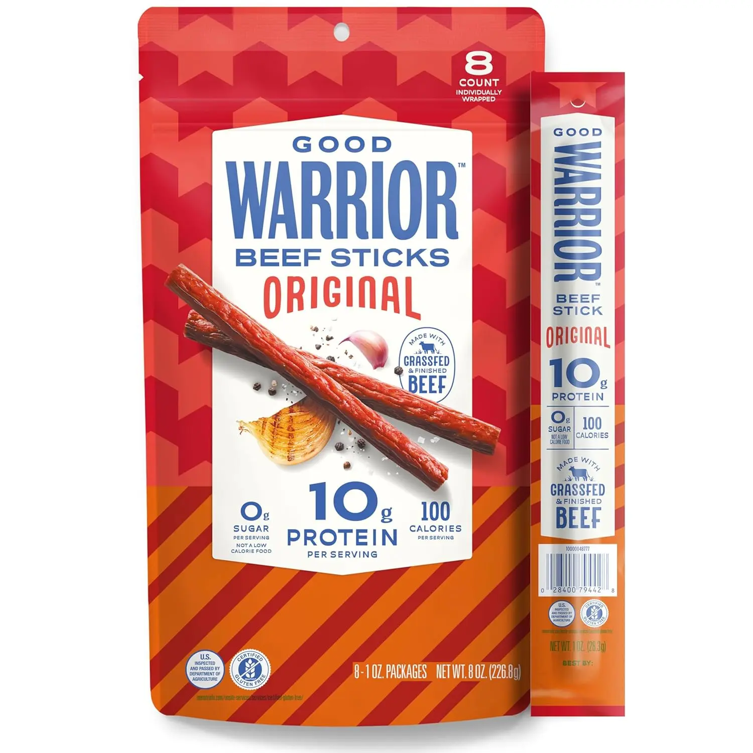 Good Warrior Original Grass-Fed Beef Sticks, 8 Pack (1 oz Each), 10g Protein, 100 Calories, 0g Sugar, Gluten-Free High Protein Meat Snack for On-the-Go