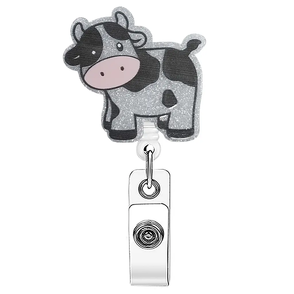 1pc Silver Shimmer Cute Cow Acrylic ID Badge Scroll, Retractable Badge Reel, Badge Accessories, three-dimensional cute design, super eye-catching, sturdy for hanging ID badges in the office, a must-have for cow lovers, Id Badge Holders Retractable