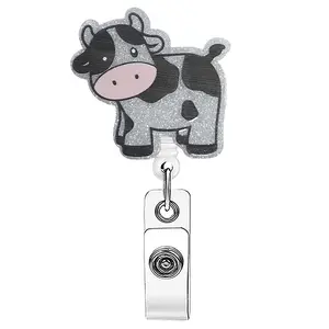 1pc Silver Shimmer Cute Cow Acrylic ID Badge Scroll, Retractable Badge Reel, three-dimensional cute design, super eye-catching, sturdy for hanging ID badges in the office, a must-have for cow lovers