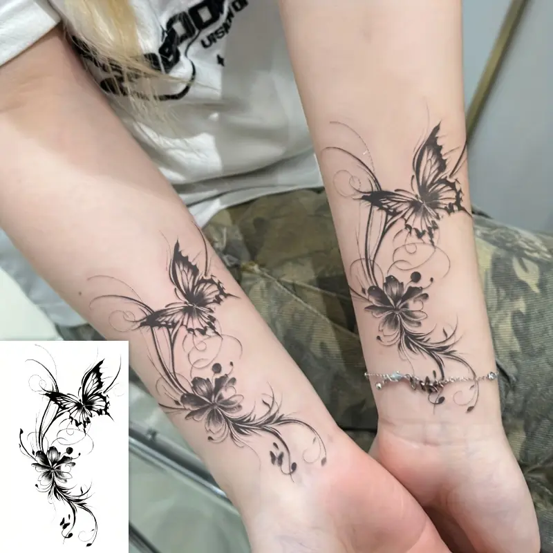 Women's 6-Pack Waterproof Temporary Tattoo Stickers, Long-Lasting (7-15 Days) Fashion Unscented No-Battery-Needed Anti-Fade Watercolor Butterfly & Floral Body Art for Casual Styling & Children