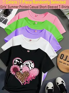 Girls Summer Fashion Trendy Heart Pattern Print Comfortable Versatile Short Sleeve T-Shirt, Casual Style Clothing Gift, Graphic Print Tee