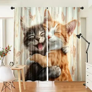 [Cute Cat Curtains] 2pcs Cute Cat Curtains | Light Filtering Polyester Door Panel Drapes with Adorable Kitty Design for Living Room, Bedroom - Pet Lover Home Decor Gift, Contemporary Design, Smooth Texture Fabric (No Rod Included)