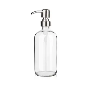 Glass Soap Dispenser - Clear Dish for Kitchen, Refillable Liquid Hand with Rust Proof Stainless Steel Pump Bathroom, (500 ML) Round Bottle Gift water