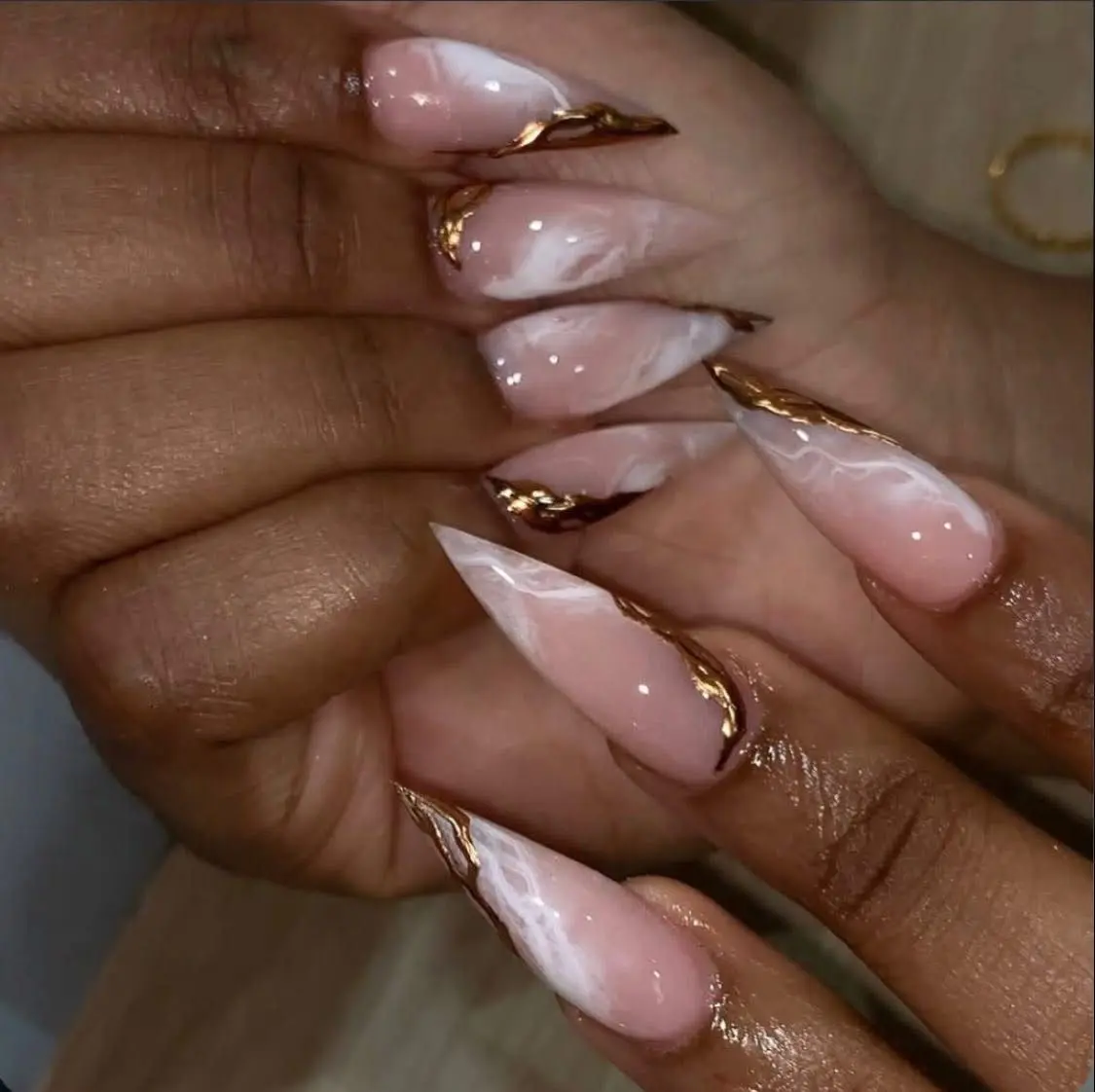 Milky White Marble Press On Nails, Gold French Tip Stiletto Nails, Glossy Luxury Bridal Fake Nails, Marble Gold Elegant Glam Vibe, White Swirls Nails