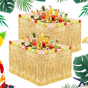 2 Pack Hawaiian Grass Table Skirt 108" x 29.5", Laua Party Decorations Grass Skirt for Table with Flowers, Hawaiian Party Decor for Luau Birthday Beach Tropical Summer Party Supplies