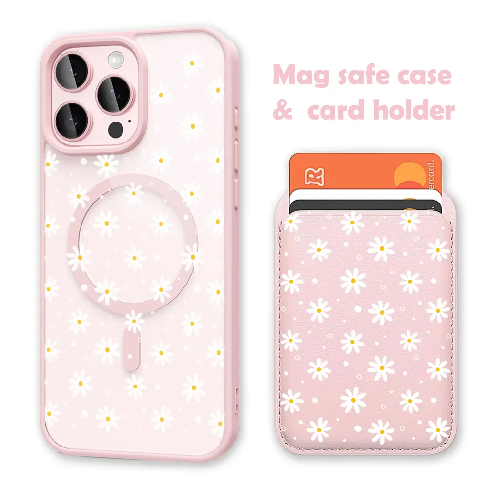 Classic Daisy White Clear MagSafe Compatible Smartphone Case & Card Holder Wallet, Magnetic Shockproof Wireless Handheld Cellphone Accessory for iPhone 17/16 Pro Max, Durable Cover for Samsung S25 Black