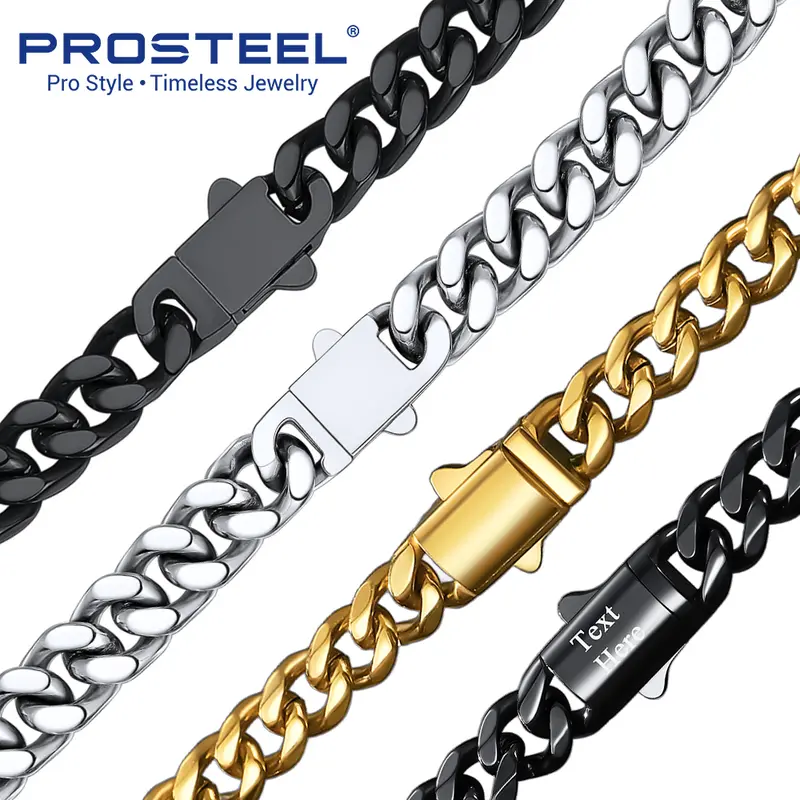 PROSTEEL Miami Cuban Chain Necklace, 14K Gold Plated/Steel And Black Stainless Steel, 5mm/6mm/7mm/9mm/12mm/14mm Width, 18"-30" Length, Hypoallergenic Unisex Jewelry with Gift Box