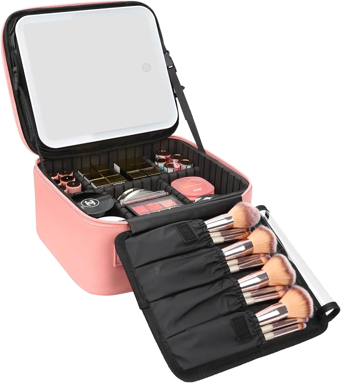 Travel Makeup Bag with 3-Color LED Light Mirror, Waterproof PU Leather Portable Vanity Case with Adjustable Dividers for Business & Parties