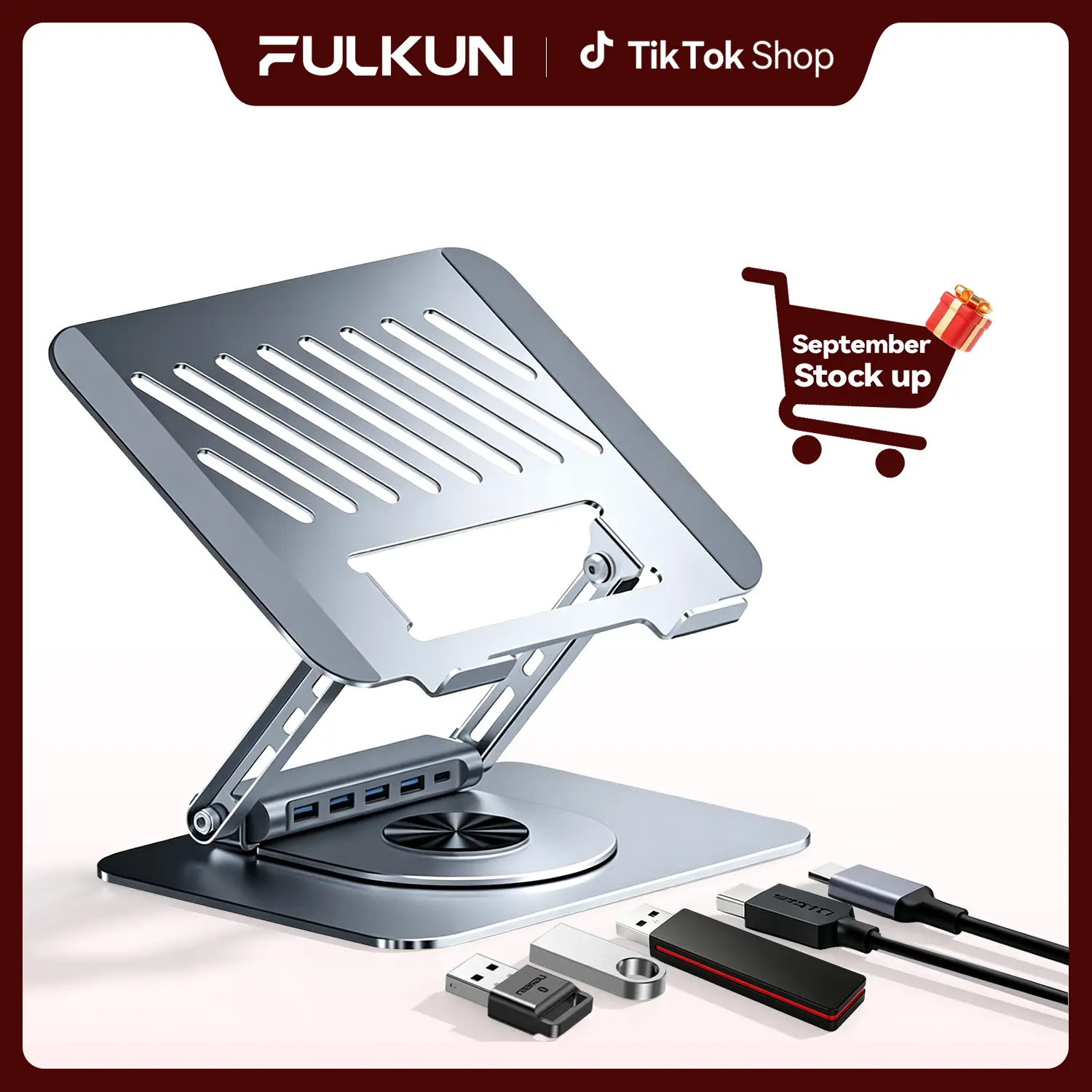 Fulkun 2-in-1 Ergonomic Computer Stand with USB Hub - Adjustable Aluminum Riser, USB-C, 4×USB-A 3.0 Ports, Fits 10–17” Laptops & Desk Setup, 2 in 1 Laptop Stand