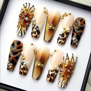 Handmade Leopard Press On Nails Set 3D Gold Chain, Coquette Cheetah Art Luxury Gif For Her On Birthday, Party, Wedding Day