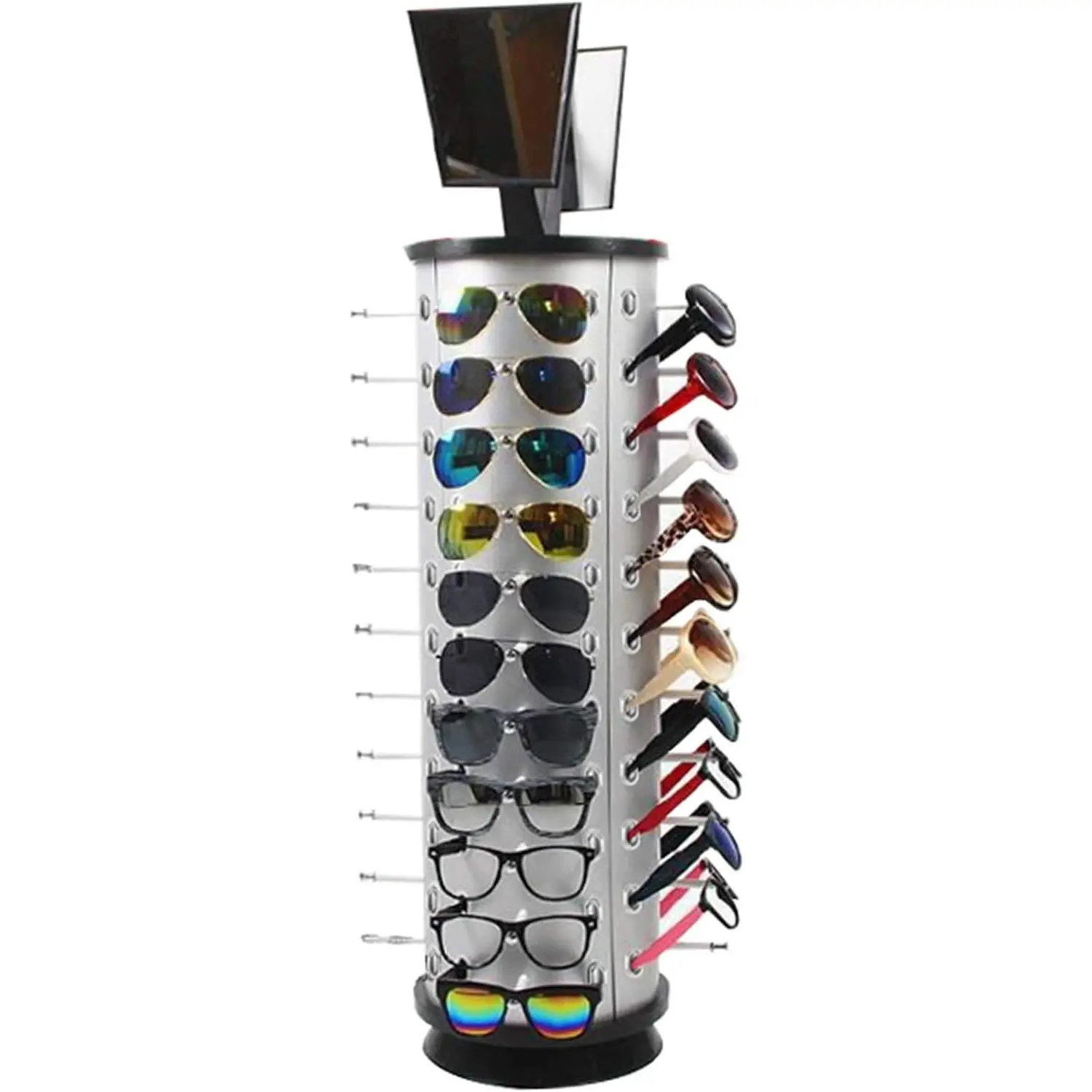 Aluminium-Panel Sturdy Floor Sunglasses Display Holder - 1-360° Rotating Eyeglasses Display Stand, Rust-Resistant Adjustable Round Mirrored Freestanding 44-Pair Eyewear Organizer for Store Customers